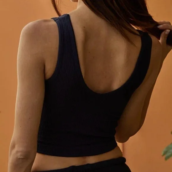 Finely Ribbed Plunge V Neck U back Brami Crop Top in Black By Together - Picture 6 of 8